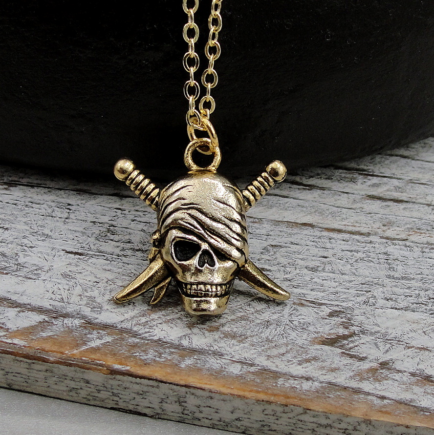 Gold Pirate Skull Necklace - Pirate with Swords Pendant - Gift for ...